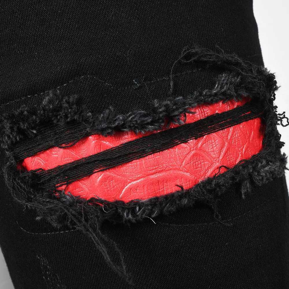 Mens Black Snake Embroidery Stretch Denim Jeans Pants Skinny Tapered Pencil Trousers With Snakeskin Leather Patch X250812