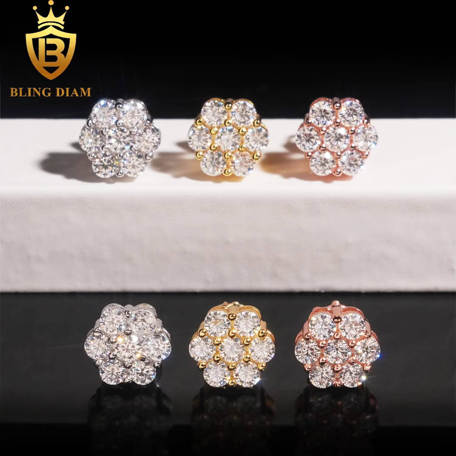 GAR Certificate Flower Cluster Moissanite Earring 925 Sterling Silver Screw Back Moissanite Stud Earrings Men and Women