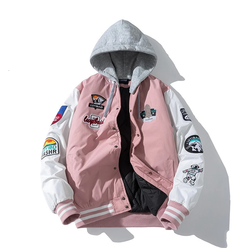 Autumn Winter Varsity Jacket Men Fashion Baseball Jacket Women Embroidery Letter American Coat College Streetwear Button Pink 250811