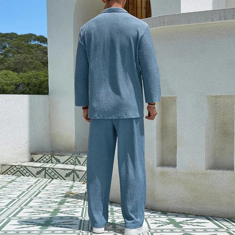 Daily Casual Mens Long Sleeve Two Piece Sets Fall Fashion Solid Color Texture Loose Polo Shirt And Pants Suits Men Outfits 250811