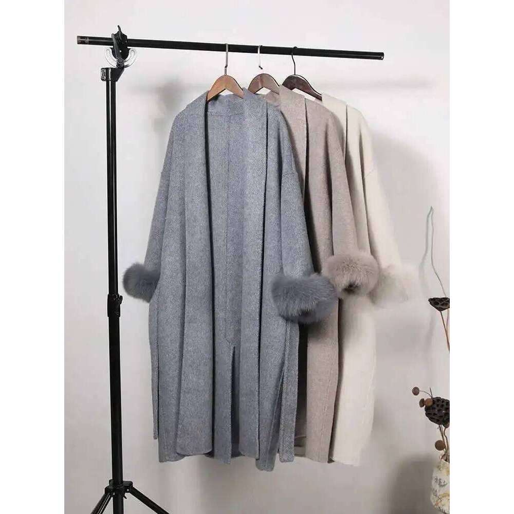 UCXQ Elegant Woolen Coat European Style Cardigan Lace Up Waist Fox Fur Loose All Match Long Jacket Women 2025 Autumn Winter 6790 MDNG 20250811