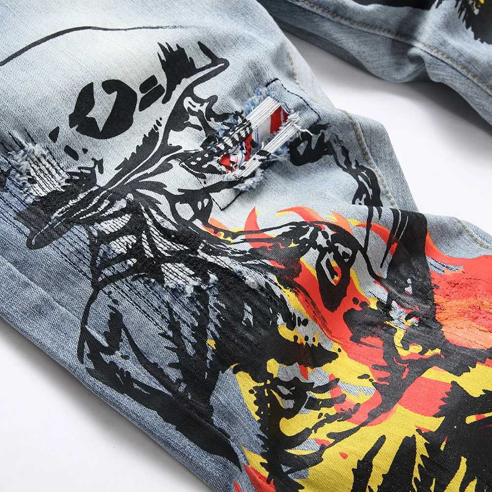 Men Skull Devil Flame Print Jeans Punk Graffiti Painted Stretch Denim Pants with Holes Ripped Distressed Slim Straight Trousers X250812