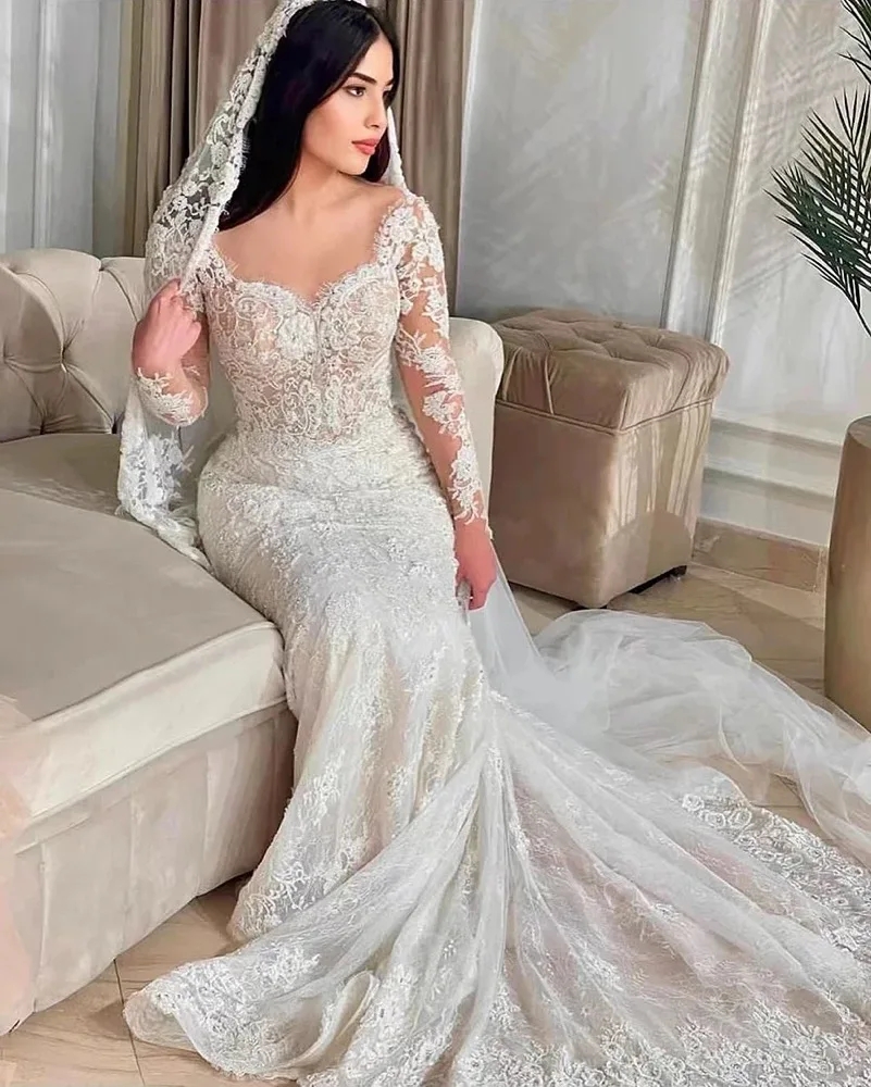 2025 New Arrival Mermaid Wedding Dress Lace Embroidery 2 in 1 V-Neck Full Sleeves Elegant Bride Dresses Vestido de novia