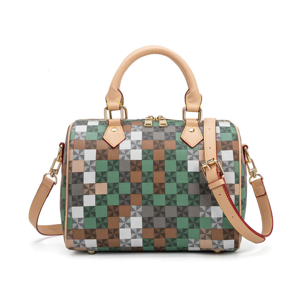 Lacel Urwebin Women's Vintage Checkered Plaid Boston Bag, Green Brown White Gray Pattern, Top Handle & Adjustable Crossbody Strap, PU Leather Mat