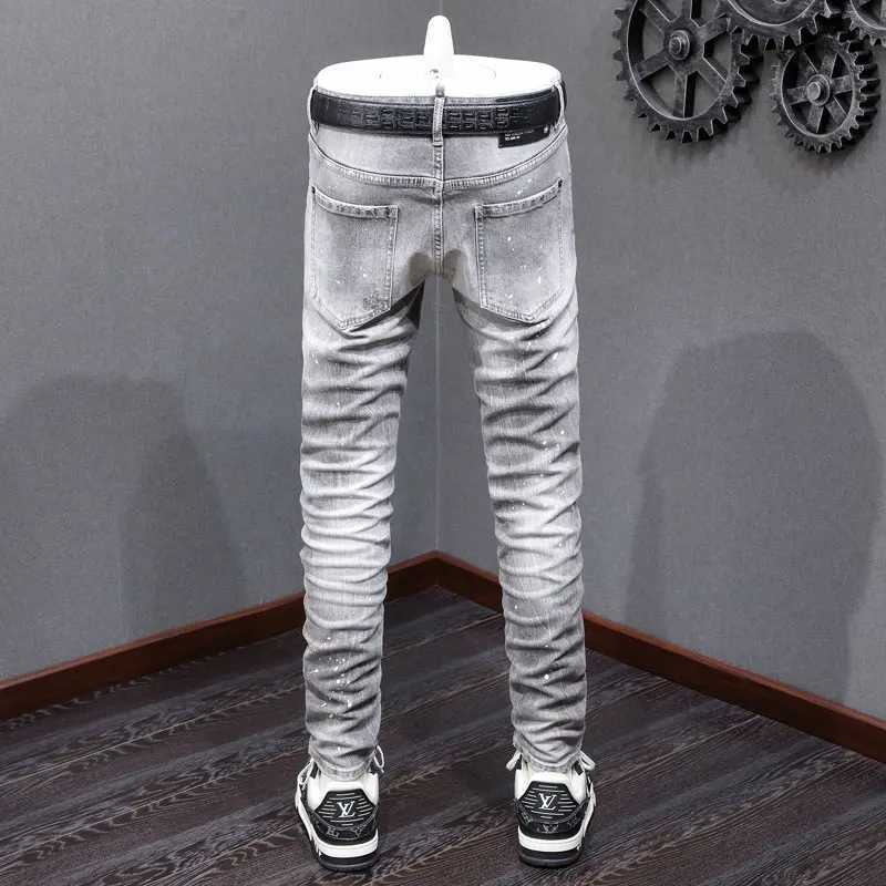 High Street Fashion Mens Split Jeans Vintage Water White Gray Elastic Tight Vintage Jeans Mens Colored Designer Hip Hop Brand X250812