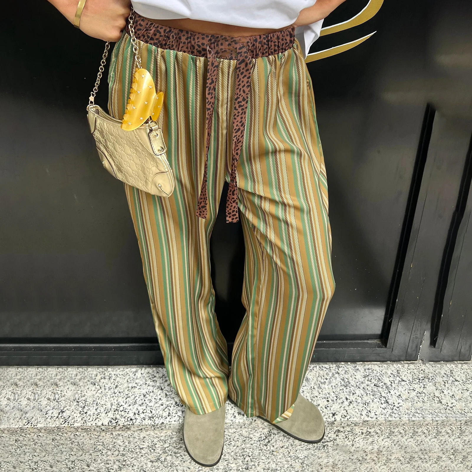 Women Y2k Plaid Wide Leg Pants Loose Elastic Waist Striped Patchwork Lounge Pjs Trouser Vintage Going Out Streetwear 250811