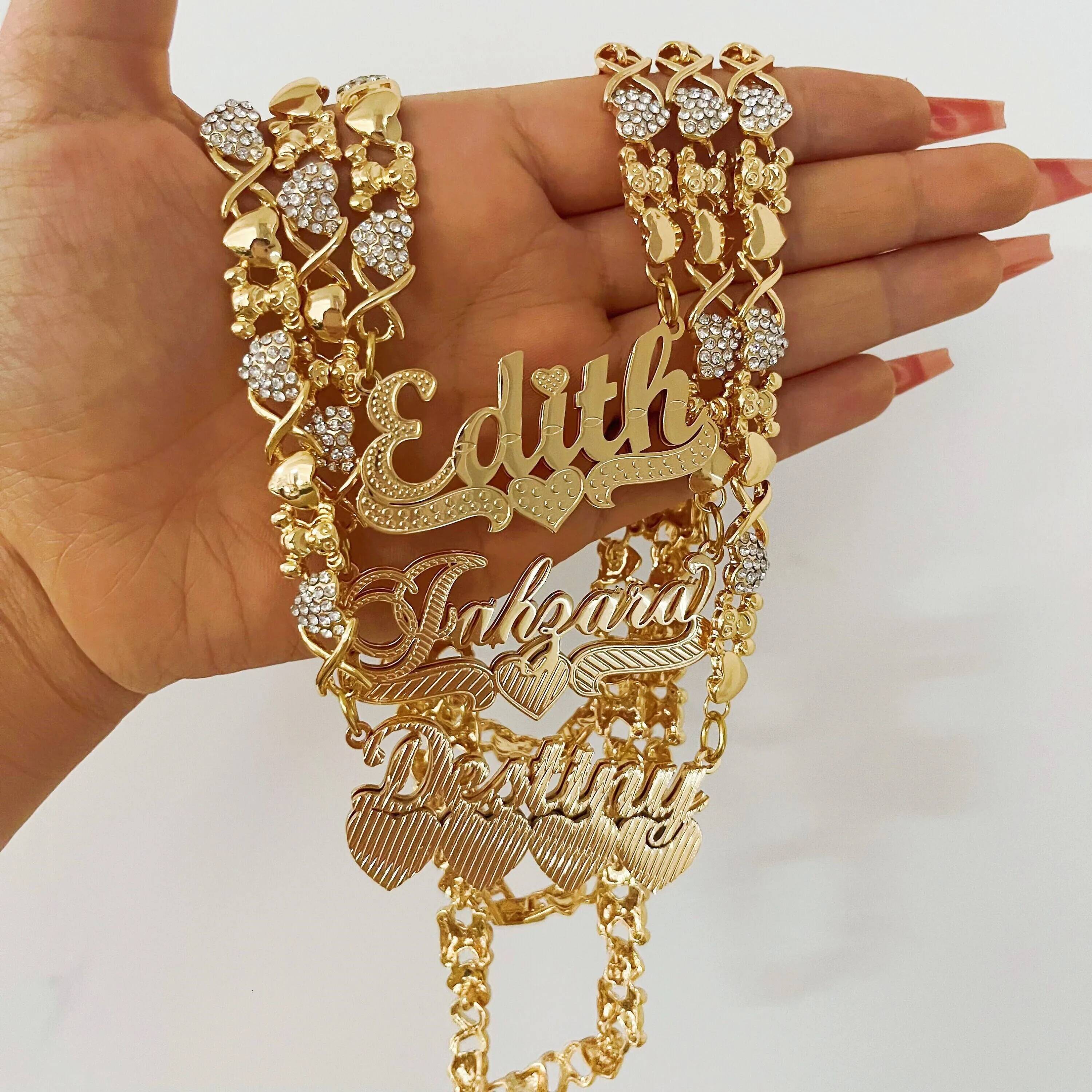 Teddy Bear Chain Name Necklace - Gold Plated Double Nameplate Custom Personalized Jewelry Gift for Women Kids & Teens