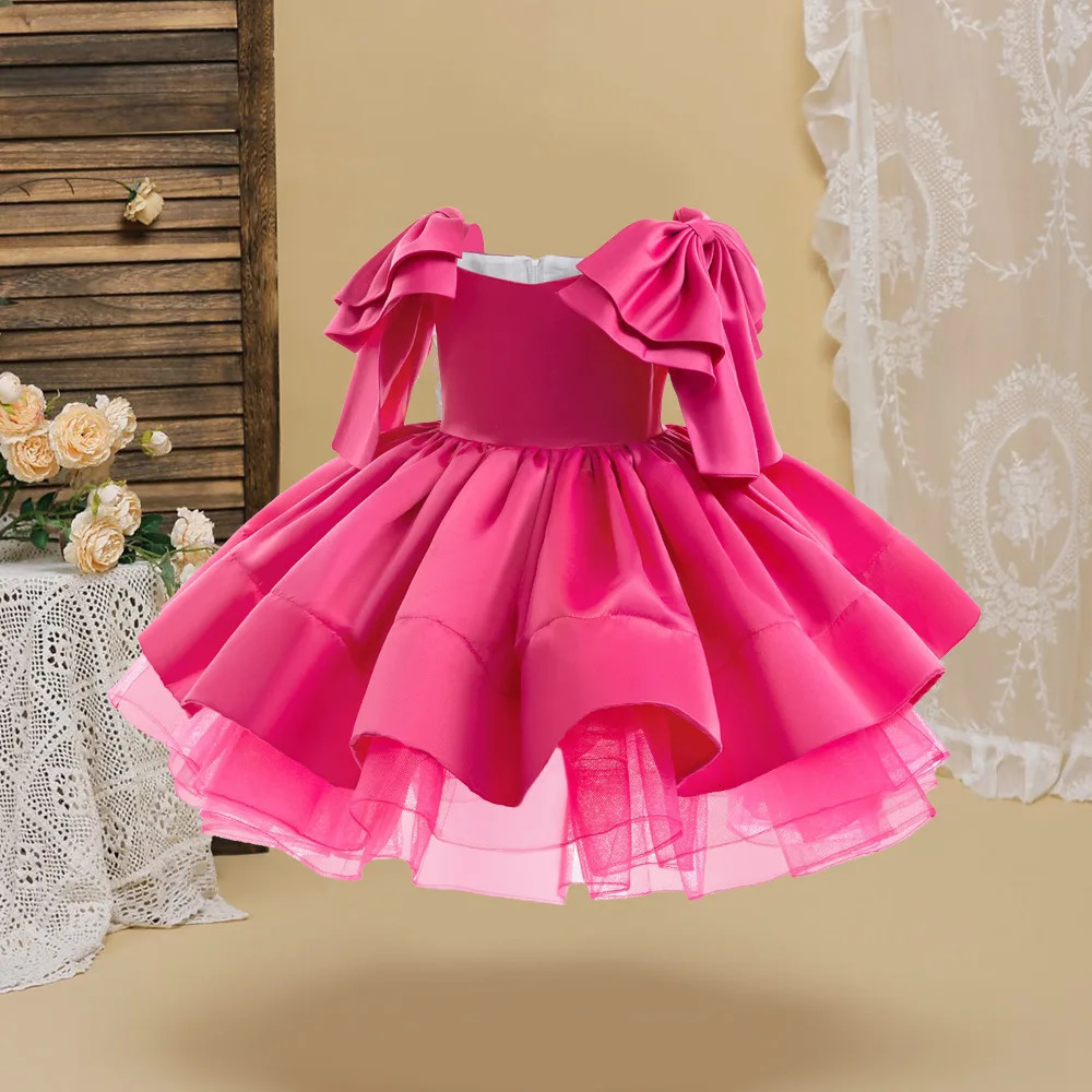 Satin Suspender Bow Dresses For Baby Girls Princess Evening Costume Birthday Festive Puffy Clothes For 4-7 year Old Girl 250811
