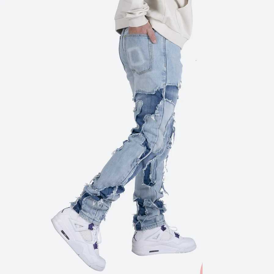 High Street Style Patchwork Frayed Jeans Pants for Men Retro Washed Hole Ripped Casual Loose Denim Trousers Oversized X250812