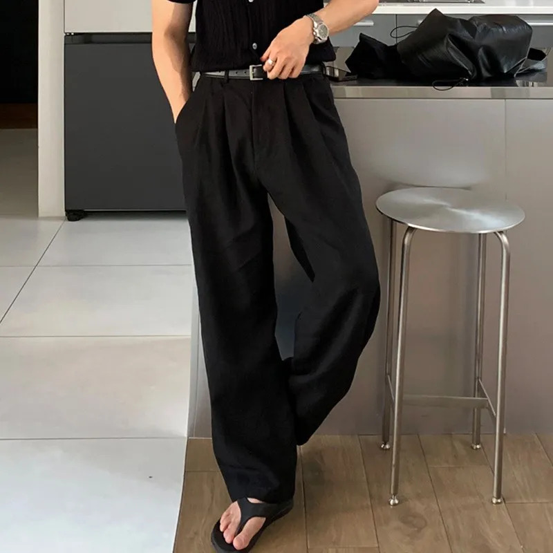 Japanese Style Men Draped Wide Leg Pants Light Leisure Solid Color Straight Trousers Premium Elegant Sweatpants M-3XL 250805