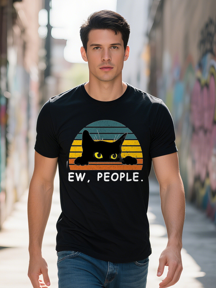 Fashion Forward Mens Black Cat Print T-Shirt Stylish Hip Hop Crew Neck Tee for Summer Vacations Unique Gifts