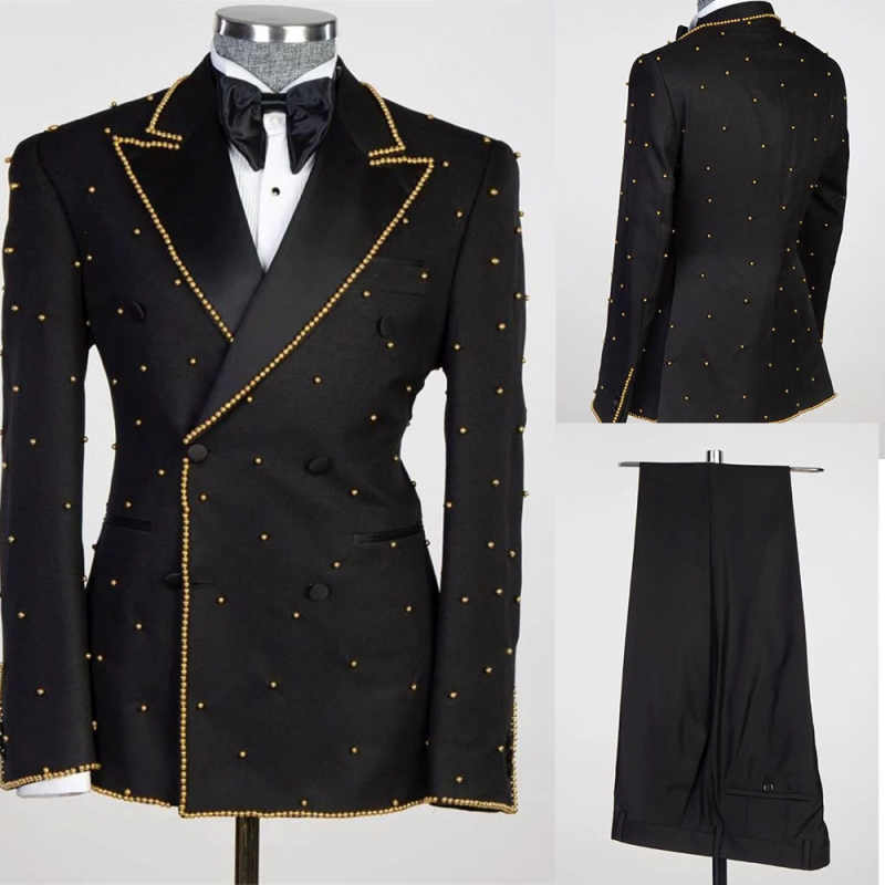 Luxury Men Suits Pearls Blazer Peaked Lapel 2 Pieces Set Beads Party Double Breasted Groom Tuxedo Coat Customized Beaded Jackets+Pants