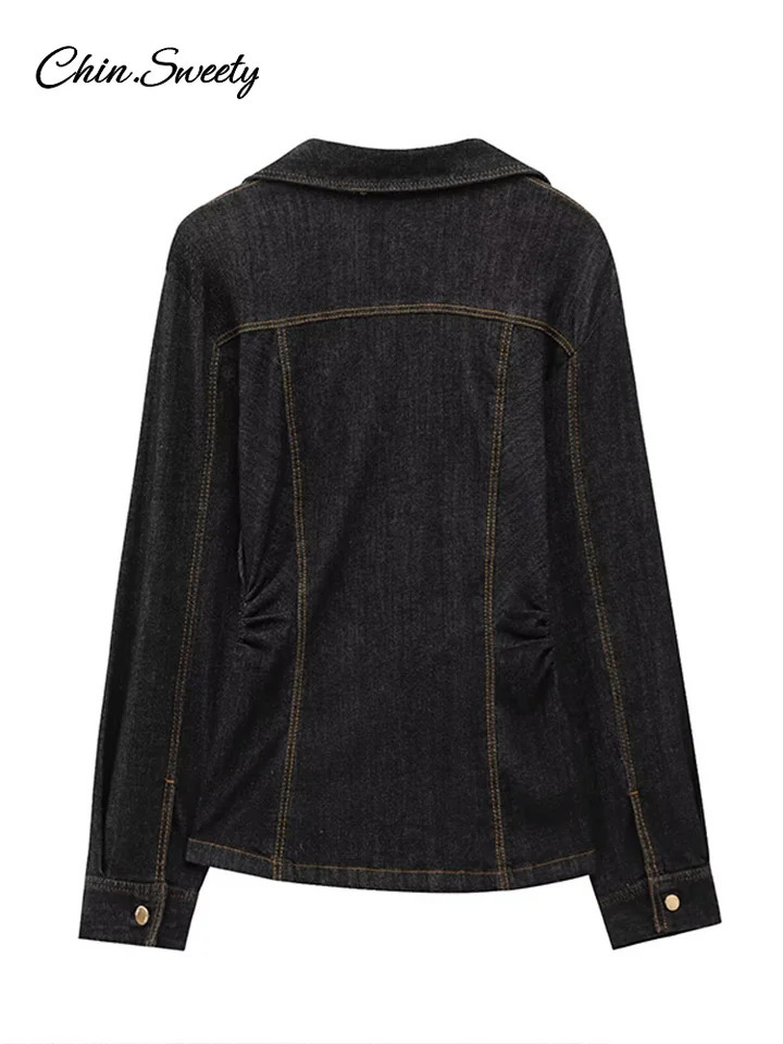 Denim Jeans Suits Women Waist Up Lapel Single Breasted Long Sleeve Coat Wide Leg Pants Spring Pleat High Street Sets 2 Pieces 250811