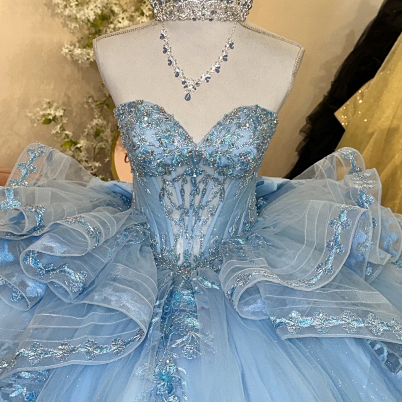 Sky Blue Shiny Quinceanera Dresses Off The Shoulder Applique Lace Beads Bow Tull Party Birthday Ball Gown Vestidos De 15 Anos Sweet 16 Dress