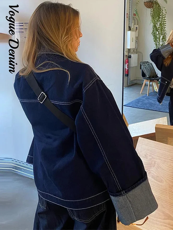 Denim Woman Trousers Two-piece Set Zipper Pockets Revers Sleeve Coats Basic Straight crimping Hem Jeans Casual Lady Outfits 250811