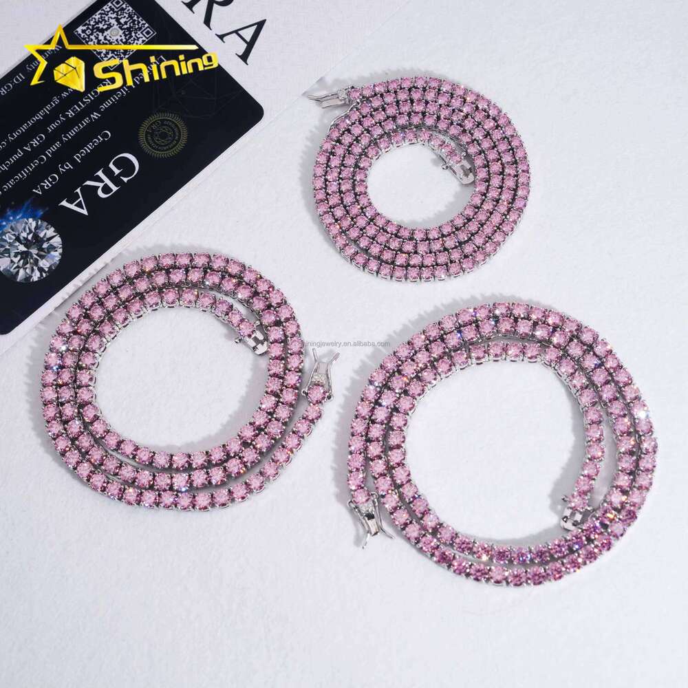 New Hip-Hop Fashion Jewelry Pink Moissanite Sterling Sier Iced Tennis Chain Bracelet