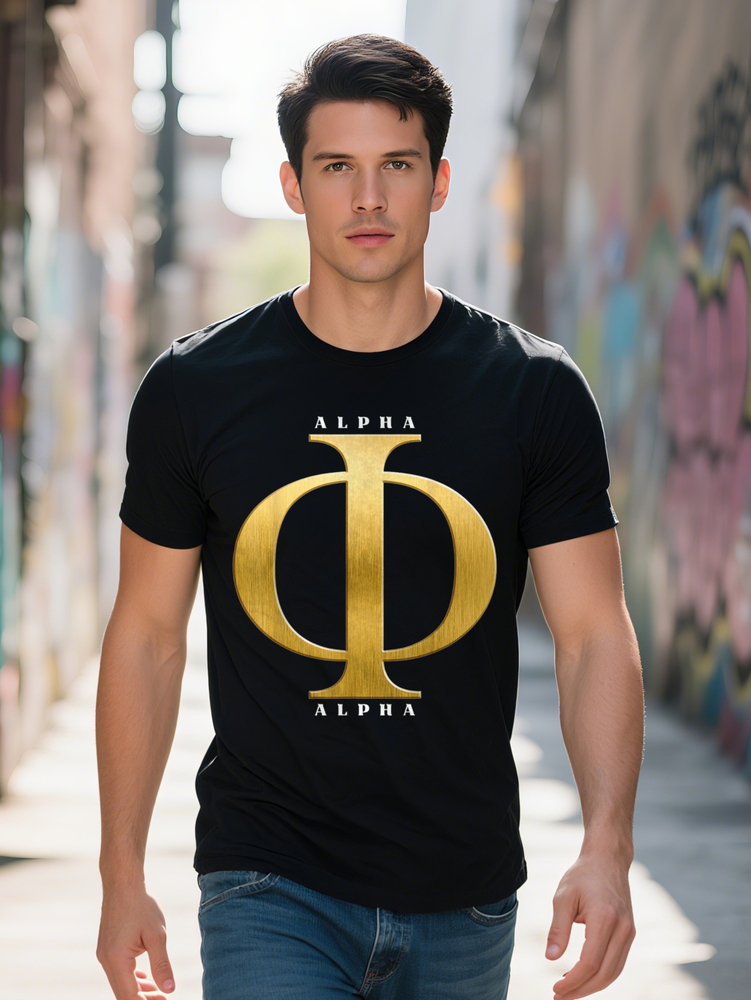 African Fraternity Graphic Cotton T Shirt for Men Black Short Sleeve Tee with Golden Alpha Print Breathable