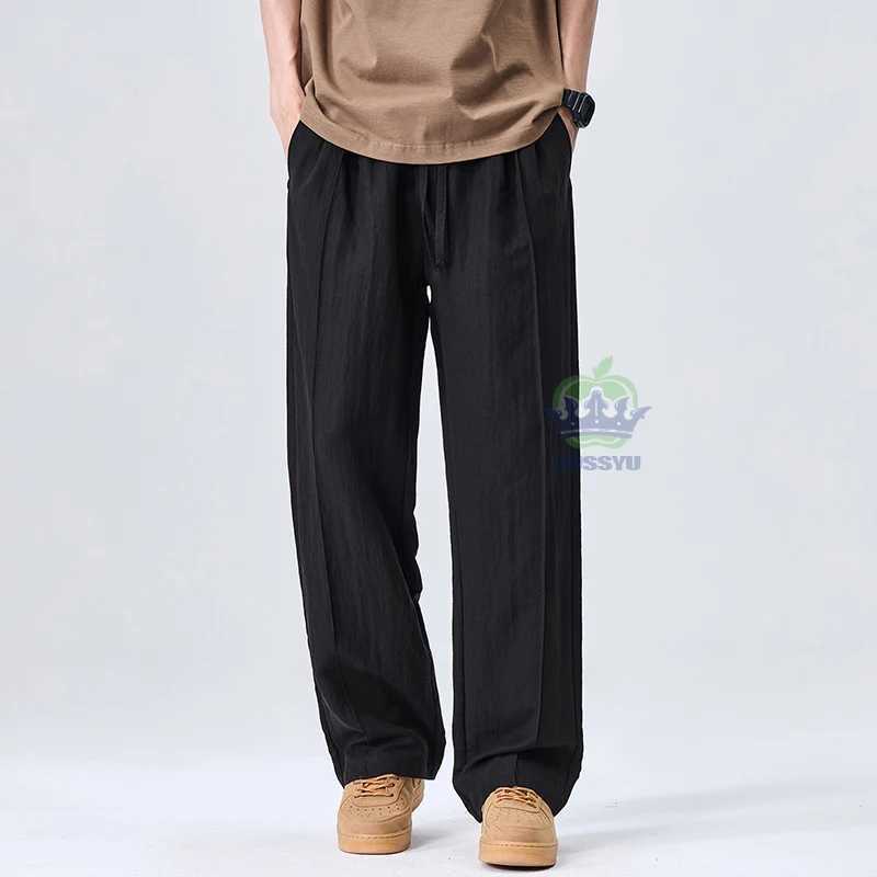 ousyu brand clothing lyocell linen fabric casual pants men summer thin elastic waist outdoors jogger wrinkled outdoor trousers W250812