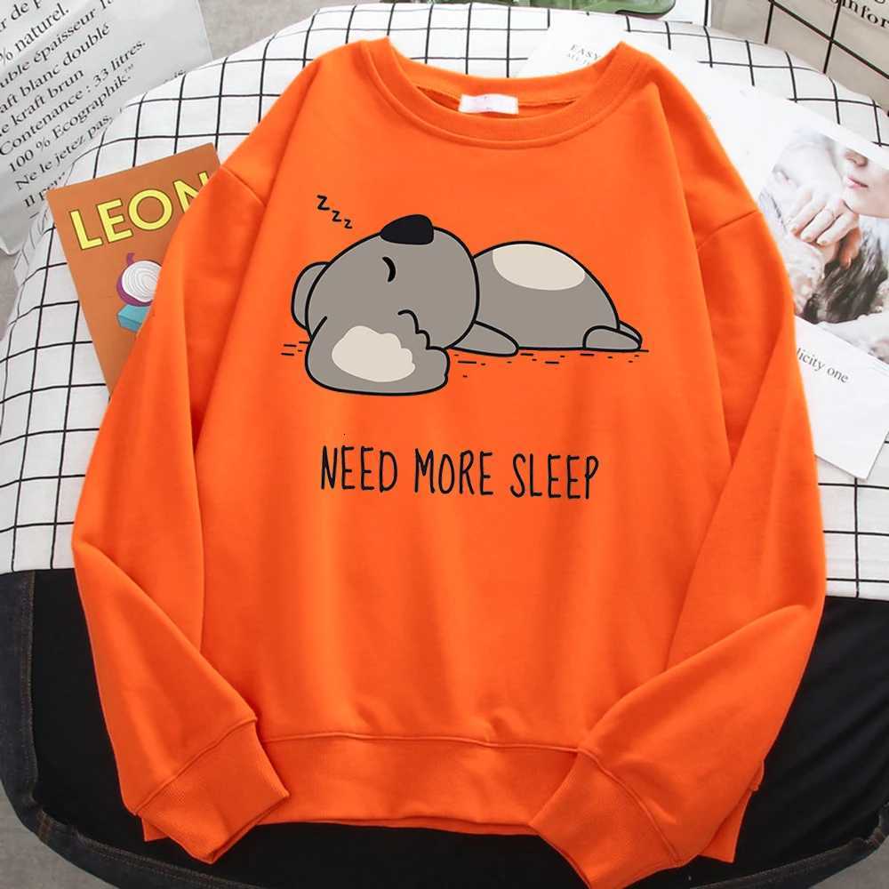 Casual Simple WomenS Sweatshirt Need More Sleep Cartoons Bear Print Hooded Loose Fleece Pullovers Warm Soft Female Streetwear Y250811