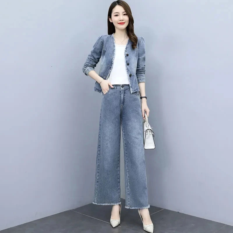 Retro V-Neck Denim Jacket Wide-Leg Pants Suit Womens Spring Autumn Long-Sleeved Jacket Two-Piece Suit Female Sets Jeans 250808