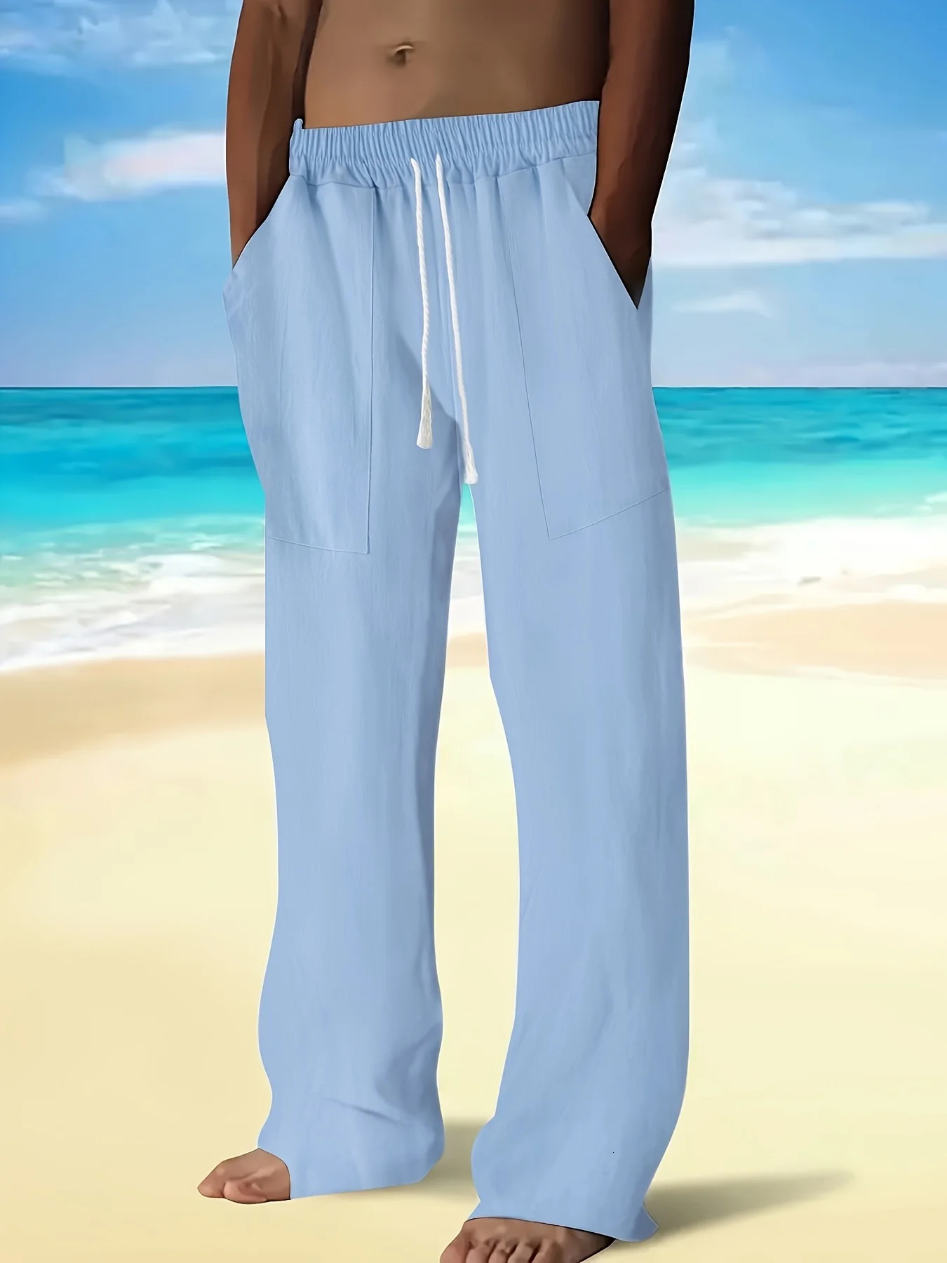 spring and autumn mens Chinesestyle solidcolor cotton linen trousers with multiple pockets drawstring ns 250729