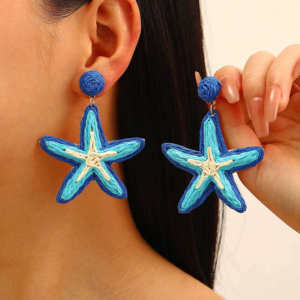 Summer Flower Dopamine Vacation Style Exaggerated Starfish Studs Handwoven Raffia Earrings for Women