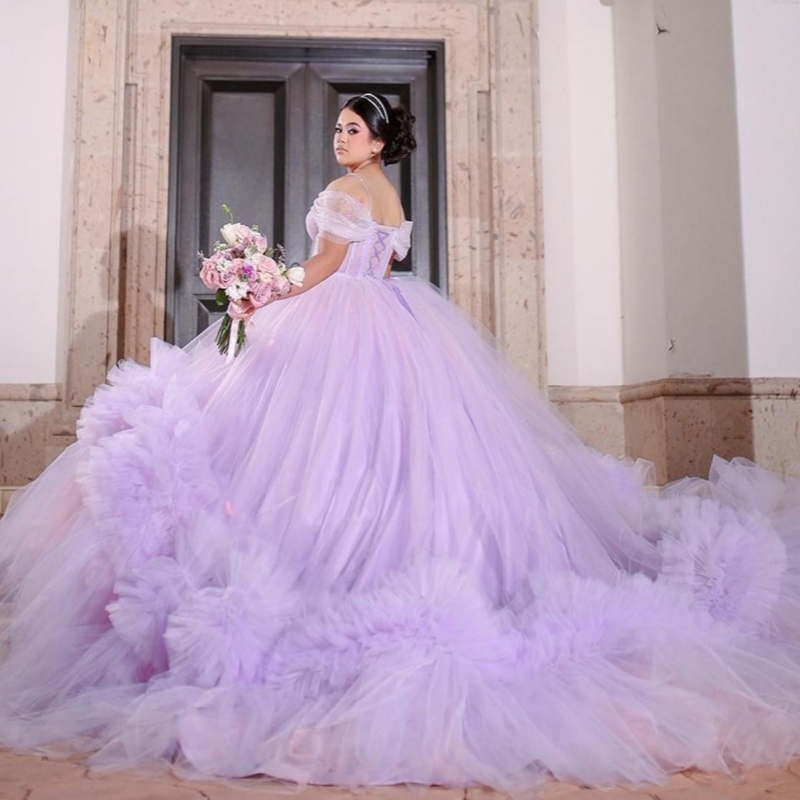 Light Lilac Quinceanera Dresses Off The Shoulder Beads Tiered Tull Party Birthday Ball Gown Vestidos De 15 Anos Sweet 16 Dress