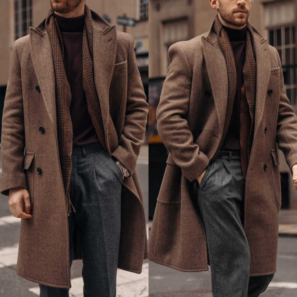 Casual Men Long Coat Double Breasted Peaked Lapel Business Formal Overcoat Winter Warm Jacket Customized