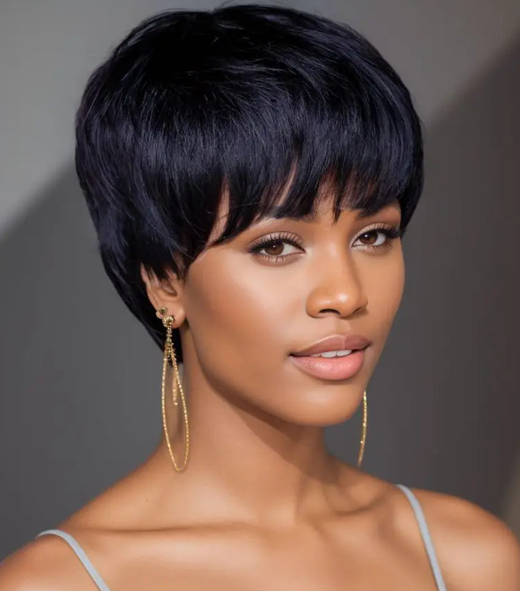 Short Straight Bob Wig Pixie Cut Wig Human Hair For Black Women With Bangs Brazilian Virgin Hair Non Lace front Cheap Wig Black