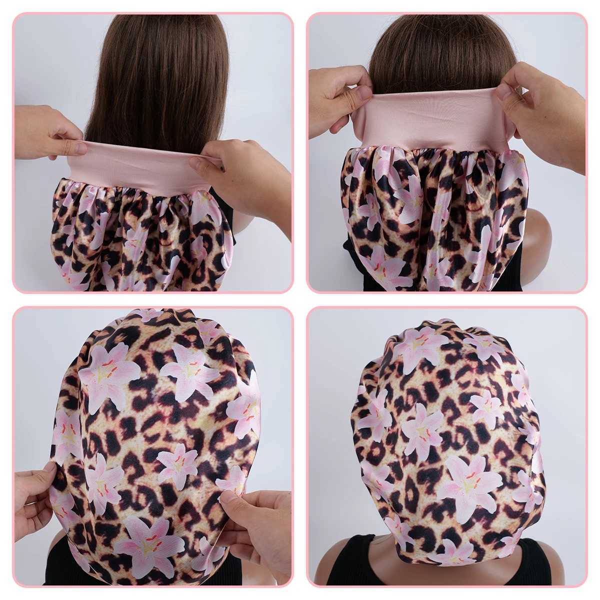 1pc Womens Satin Sleep Cap with Leopard Print and Lily Flowers Elastic Wide Brim Soft for Sleeping and Daily Use XJ250812