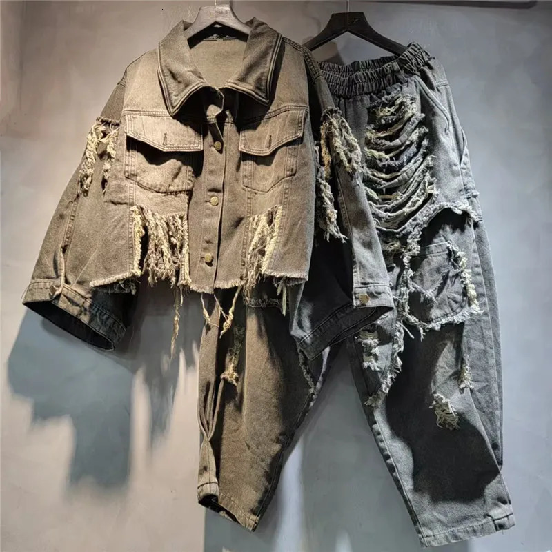 Women Worn Out Fringed Rough Edged Short Denim Jacket Tassels Cow Coat Haren Pants Wide Legs Jeans Spring Autumn 2Pcs Set 250808