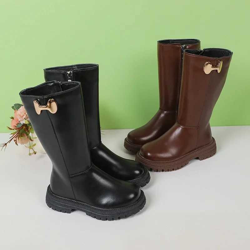 Girls Long Boots Black Fashion Kids Leather High Boots 2024 Autumn Winter Fashion Warm Fur Children Motorcycle Boots Classic XJ250812