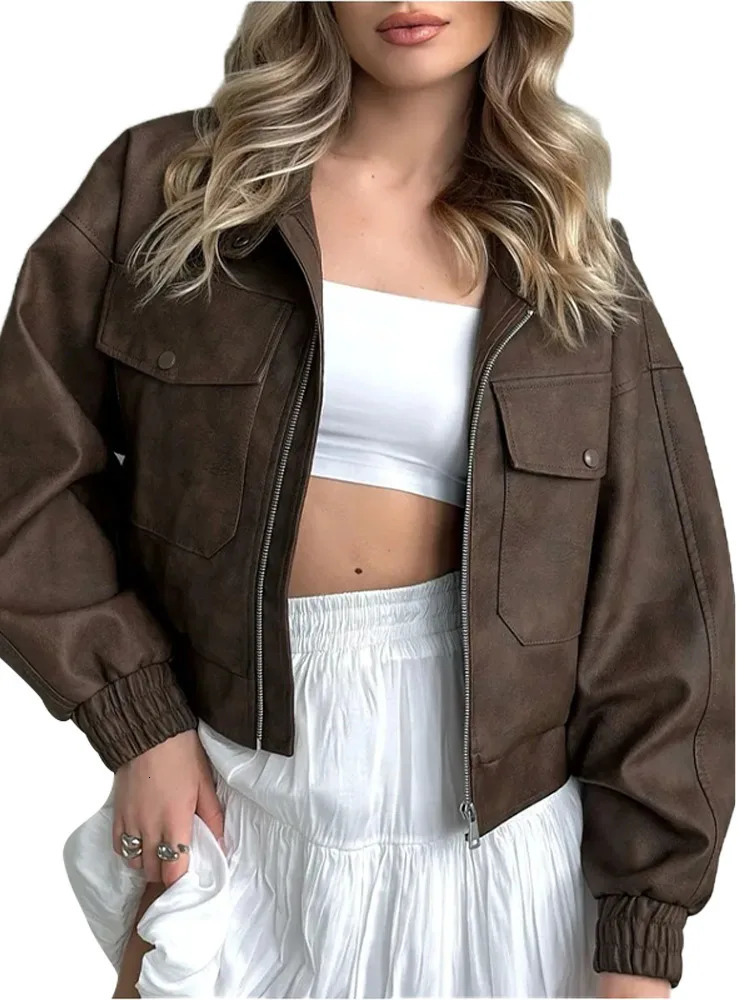 PU Leather Zipper Short Jacket Women Lapel Long Sleeve Loose Pocket Street Coat 2025 Autumn Motorcycle Female Bomber Outwear 250811