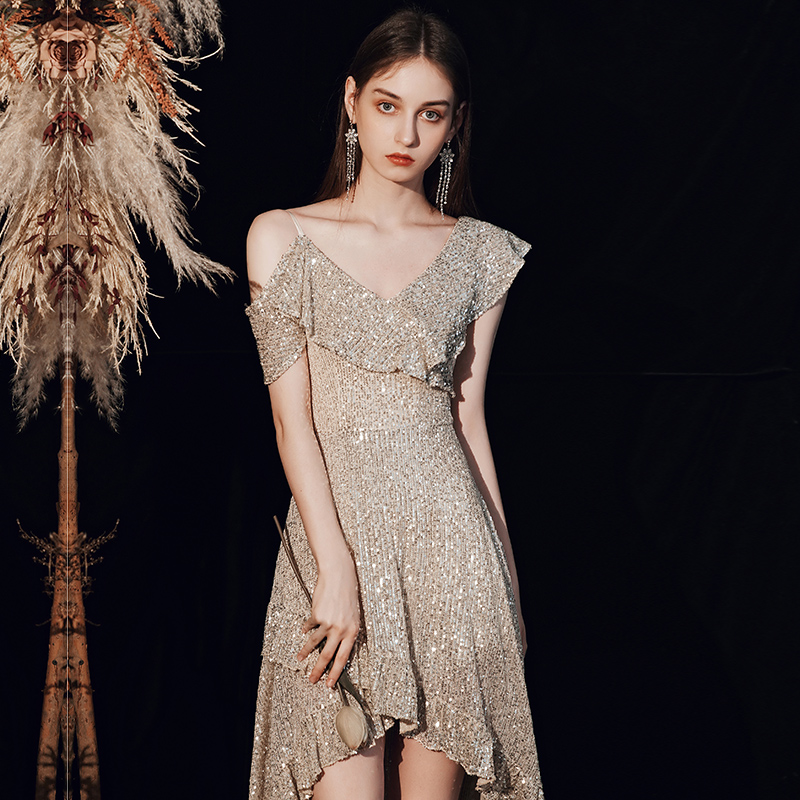 Elegant Champagne Sequin High - Neck A - Line Mini Evening Party Dress for Women