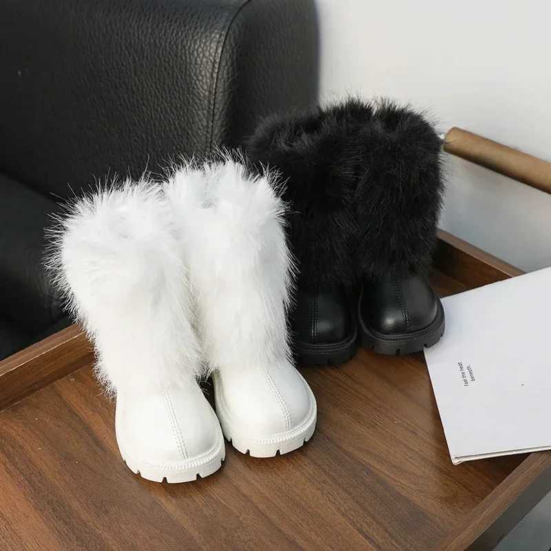 Winter Girl Snow Boots Soft Furry Hairy Kids Boot Black White Versatile Children Casual Fashion Long Boots Warm Plush Zipper XJ250812