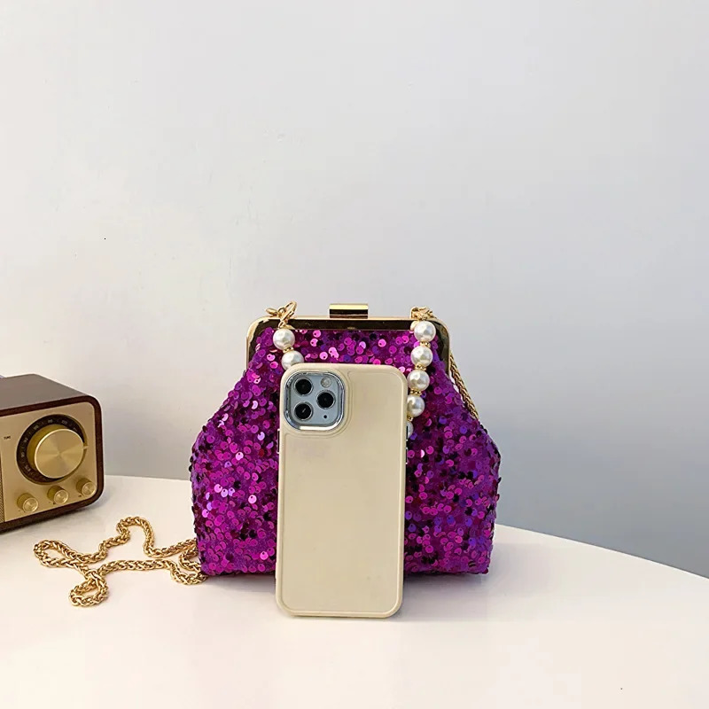 Vintage Rose red Silver Purple Sequin Evening Bags Pearl Chain Handbag For Women Wedding Party Chain Shoulder Bags Small Clutch 250809