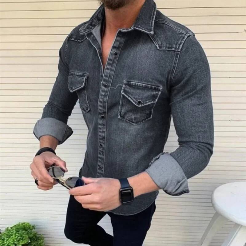 Spring Autumn Vintage Solid Men Washed Denim Shirt Causal Full Sleeve Turn Down Collar Single Breasted Multi Pockets Shirts Man ddmymarket
