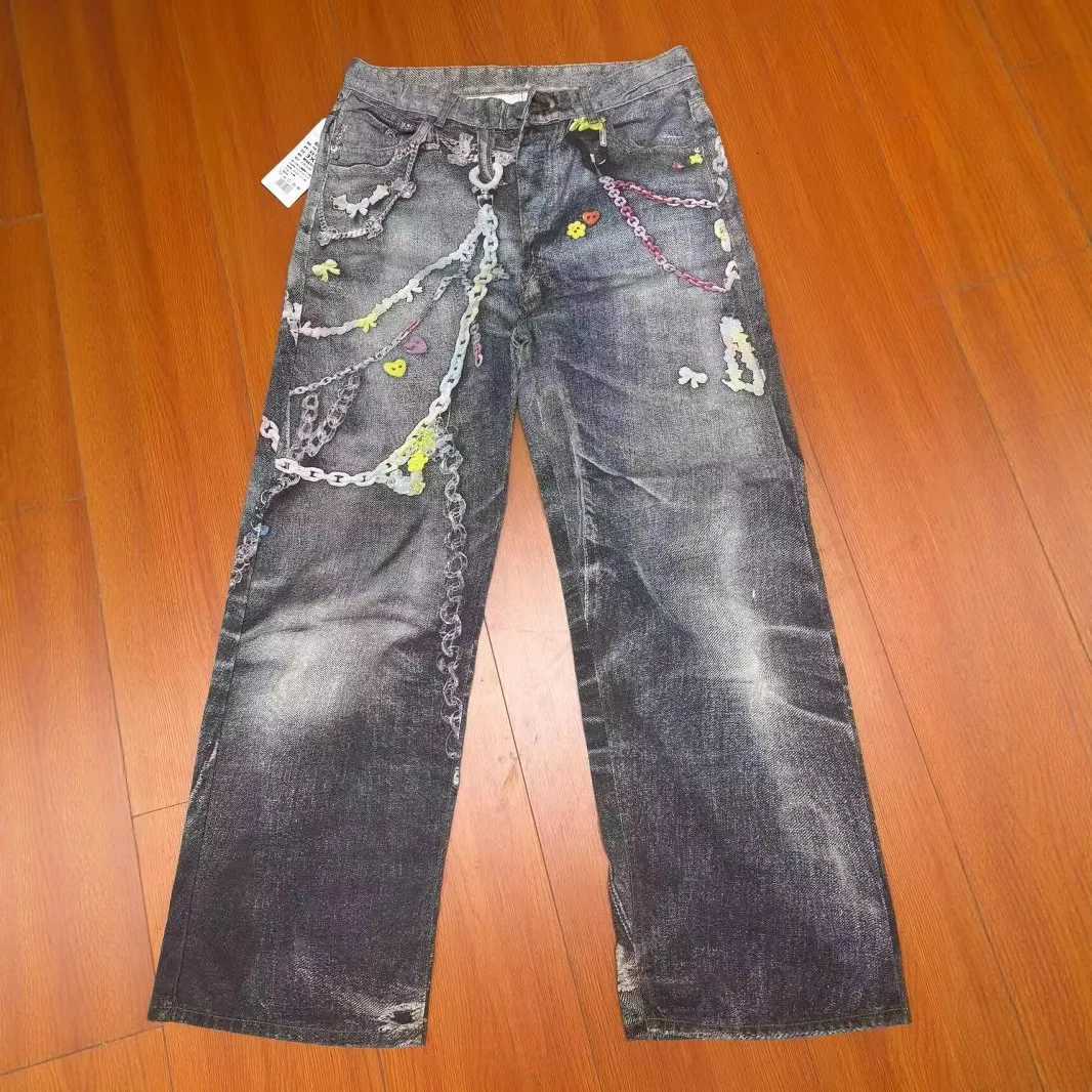 High Street Personalized 3D Printed Chain Hanging Decoration Baggy Jeans Pants Mens Distressed Straight Wide Leg Jeans Plus Size X250812