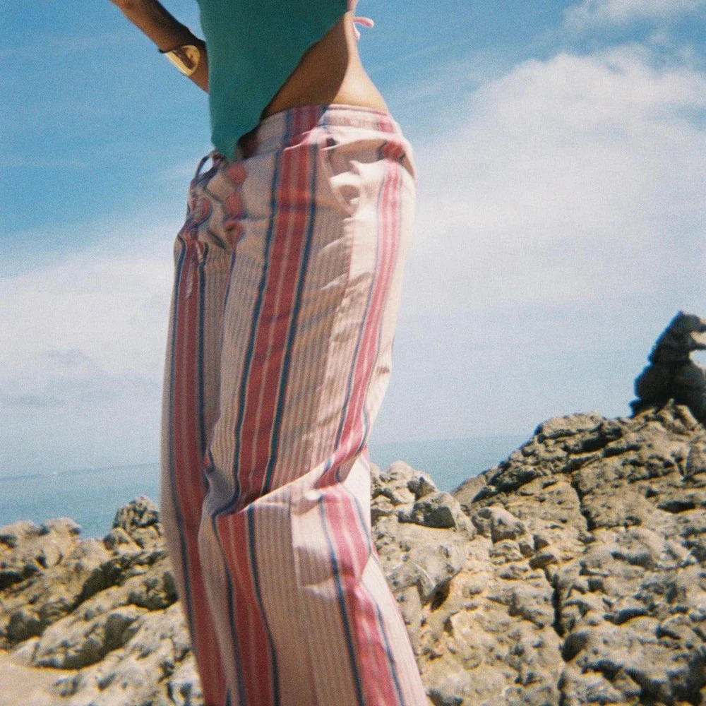 Combhasaki Womens Y2K Vintage Summer Baggy Long Pants Drawstring Elastic Low Waist Wide Leg Striped Trousers with 2 Pockets 250811