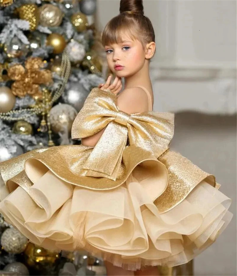 Puffy Gold Satin Flower Girl Dresses Knee Length Glitter Wedding Party Dress Bow Toddler Baby Birthday Pageant Ballet Tutu Dress 250811