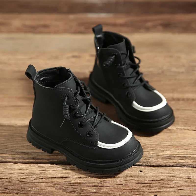 New Children Boots Soft Leather Handsome Lace-up Trendy Kids Short Boots Matte PU Leather Anti-slip Unisex Boys Girls Shoes XJ250812