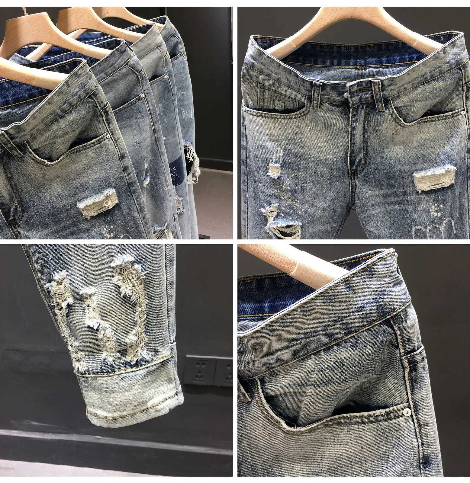 Harajuku Style Summer and Trendy Luxury Jeans for Men with Holes Small Feet Mens Casual Jeans with Holes Beggar Vintage Pants X250812
