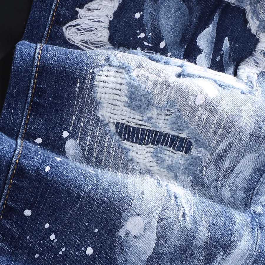 Street fashion mens jeans retro blue elastic slim fit retro elastic slim fit jeans mens patchwork designer hip-hop brand denim X250812