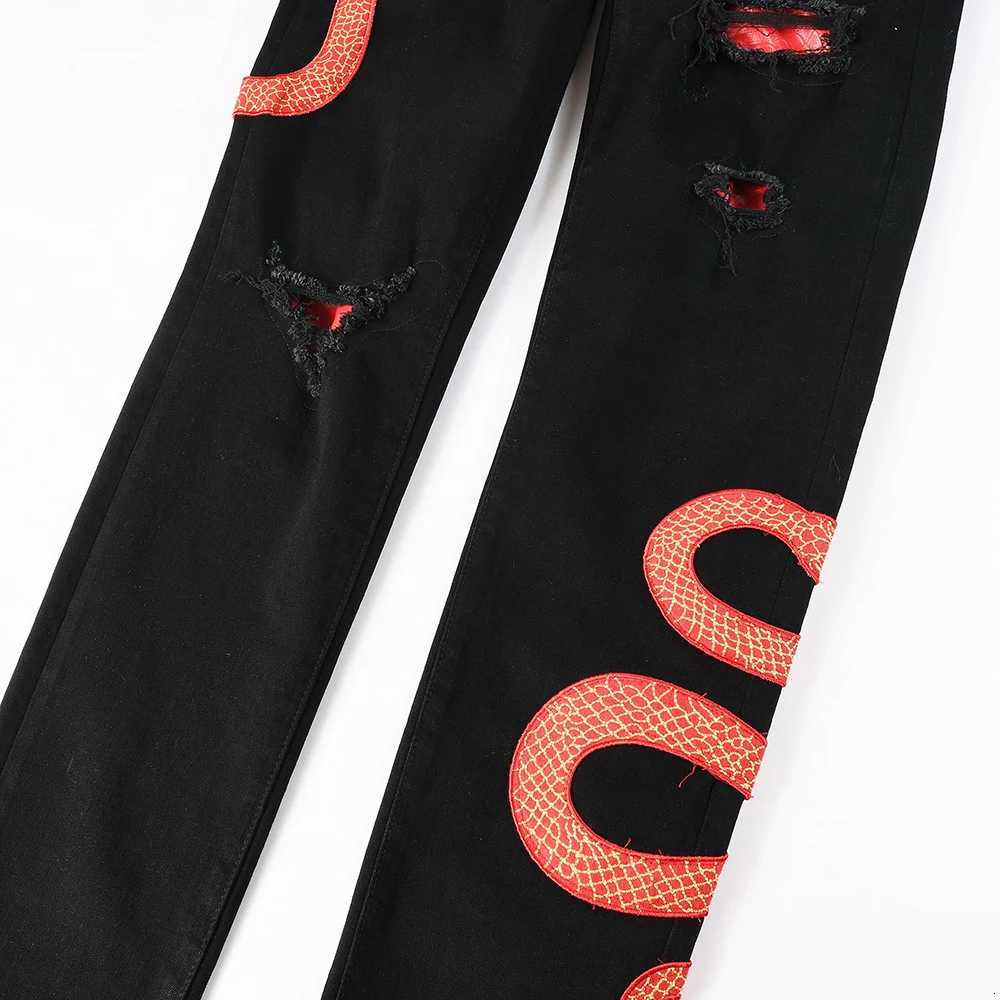 Mens Black Snake Embroidery Stretch Denim Jeans Pants Skinny Tapered Pencil Trousers With Snakeskin Leather Patch X250812