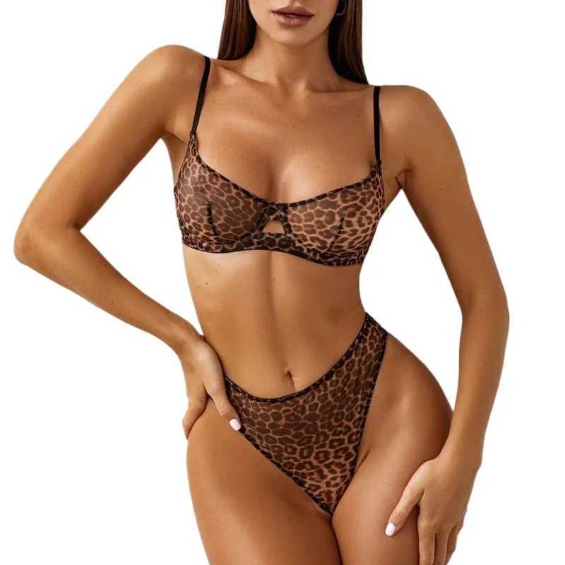2 Pieces Sexy Leopard Print Transparent Underwire Bra Panty Set Womens Sexy Underwear Thin Seducing Mesh Printed BraletteXJ250812