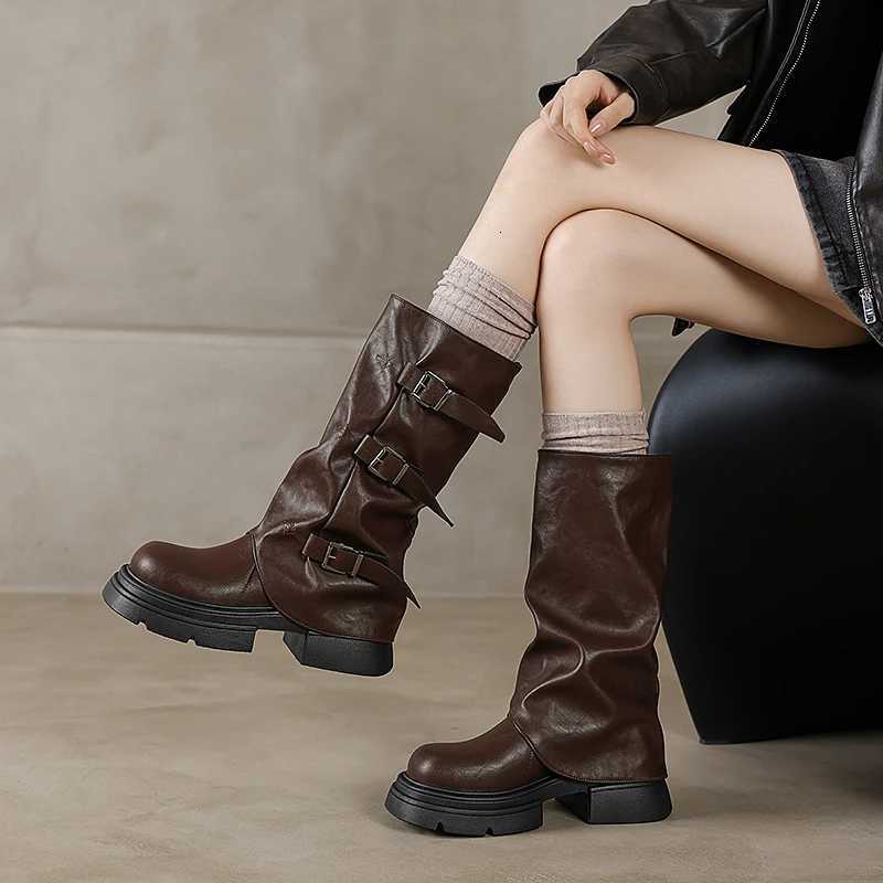 Round Toe Belt Buckle Wen Boots Fion Flat Sole Mid Calf Autumn Niche Design Patent Leather Solid Wen Shoes New Arrivals Y250812