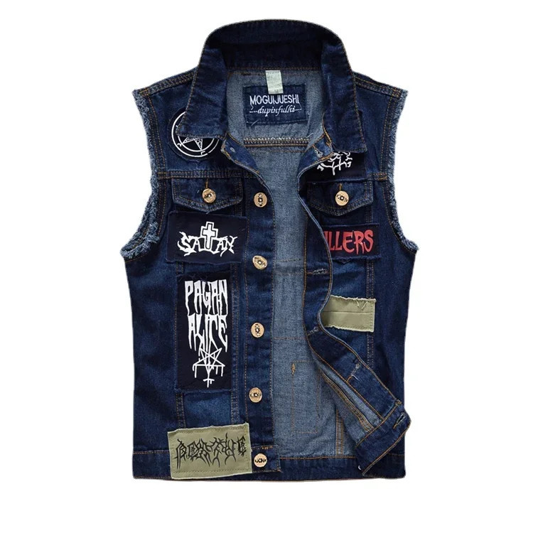 2025 Men Patched Denim Waistcoats Vests Jackets Fashion Male Fit Coats High Street Wear Holes Jeans 250805