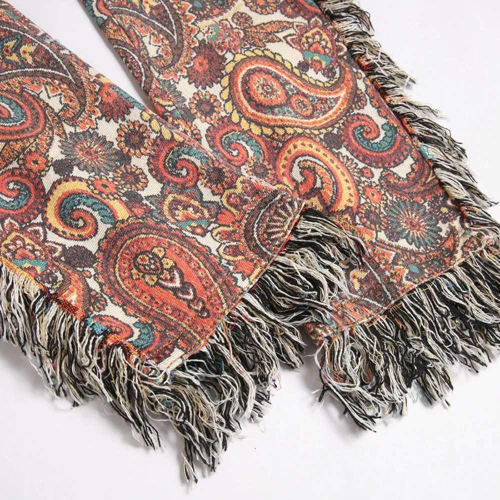 Men Bandana Print Pants Plus Size Multi Pockets Cargo Jeans Fashion Tassels Paisley Bandanna Trousers X250812