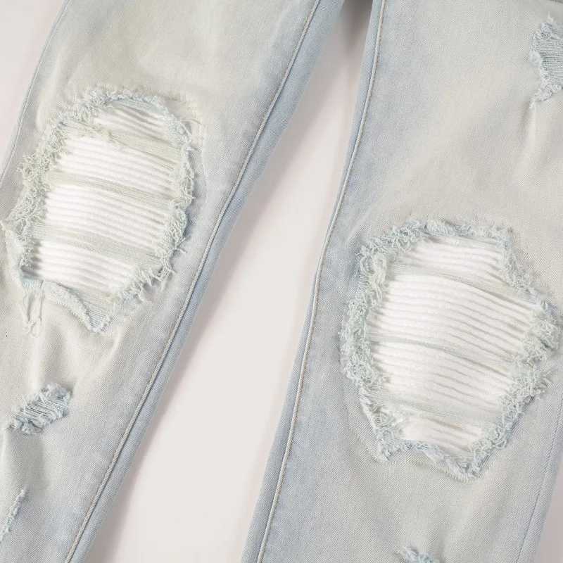 Men Pale Light Blue Biker Jeans Cracked Pleated Patch Patchwork Stretch Denim Pants Streetwear with Holes Ripped Skinny Trousers X250812