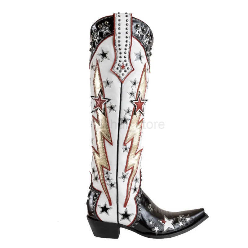 White Western Boots Ethnic Retro Knights Boots Fashion Five-pointed Star Cowgirl Boots M250812